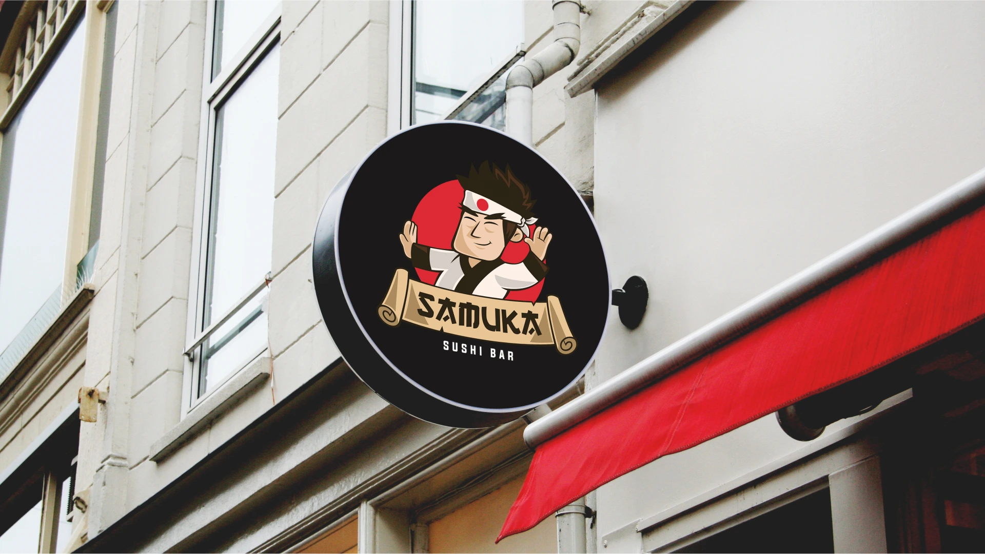 Logotipo Samuka Sushi bar placa suspensa